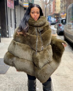 Women's DaRucci Olive Green Fox Fur Poncho