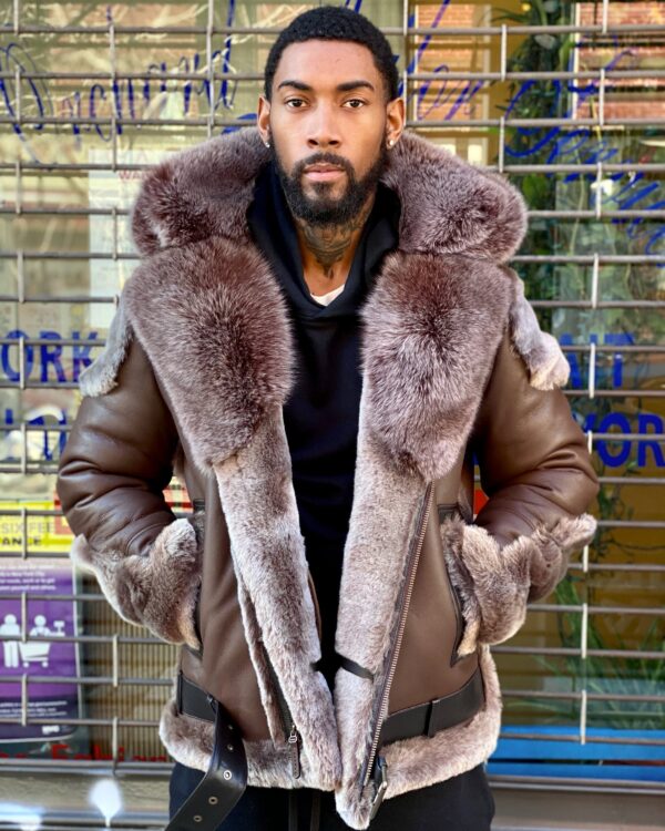 Men's Shearling - Brown Biker Style With Brown Fox Fur & Hood