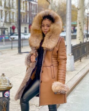 Women's DaRucci 3/4 Long Tan Shearling with Gold Fox Fur and Hood