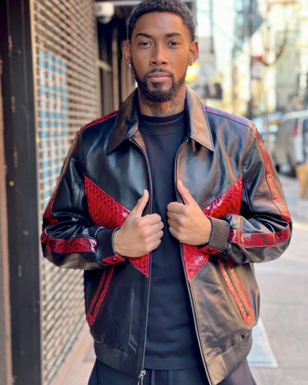 Men's DaRucci Black Leather Jacket with Red Python Trim
