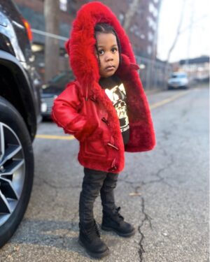 Kids' DaRucci Red 3/4 Length Shearling Coat with Red Fox Fur Hood