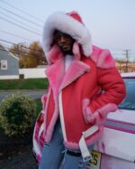 Men's DaRucci Camron Pink Biker Shearling Jacket with White Fox Fur Hood
