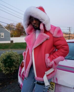 Men's DaRucci Camron Pink Biker Shearling Jacket with White Fox Fur Hood