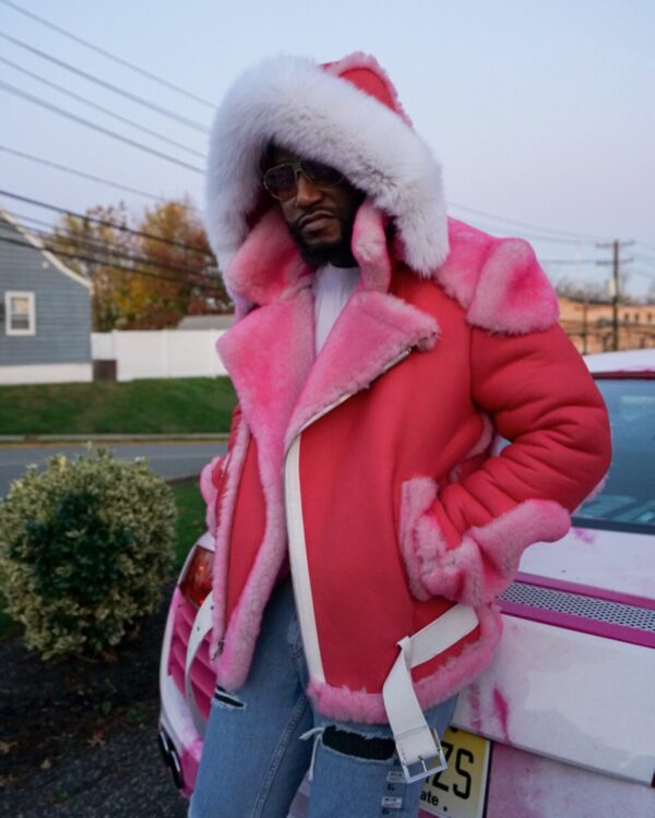 Men's DaRucci Camron Pink Biker Shearling Jacket with White Fox Fur Hood