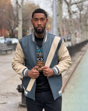 Men's DaRucci Grey and Off-White Baseball Style Leather Jacket