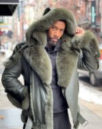 Men's DaRucci Olive Green Biker Shearling Jacket with Fox Fur