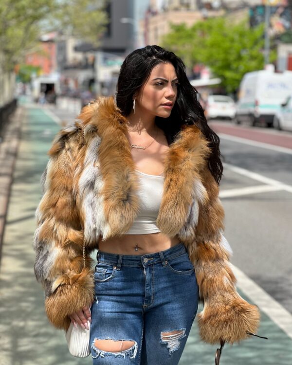 Women's DaRucci Natural Red Fox Fur Bomber Jacket with Hood