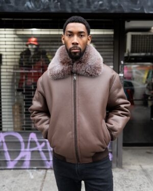 Men's DaRucci Brown Brisa Baseball Shearling Bomber Jacket with Fox Fur