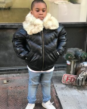 Kids' DaRucci Black V-Bomber Leather Jacket with Off-White Fox Fur Collar