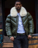 Men's DaRucci Money Green V Bomber Leather Jacket with Off White Fur