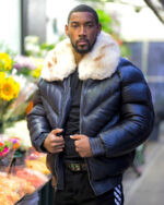 Men's DaRucci Navy Blue V Bomber Leather Jacket with Off White Fur