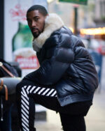 Men's DaRucci Navy Blue V Bomber Leather Jacket with Off White Fur