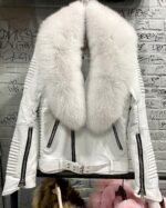 Men's DaRucci White Biker Ribbed Leather Jacket with White Fox Fur