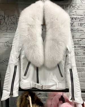 Men's DaRucci White Biker Ribbed Leather Jacket with White Fox Fur