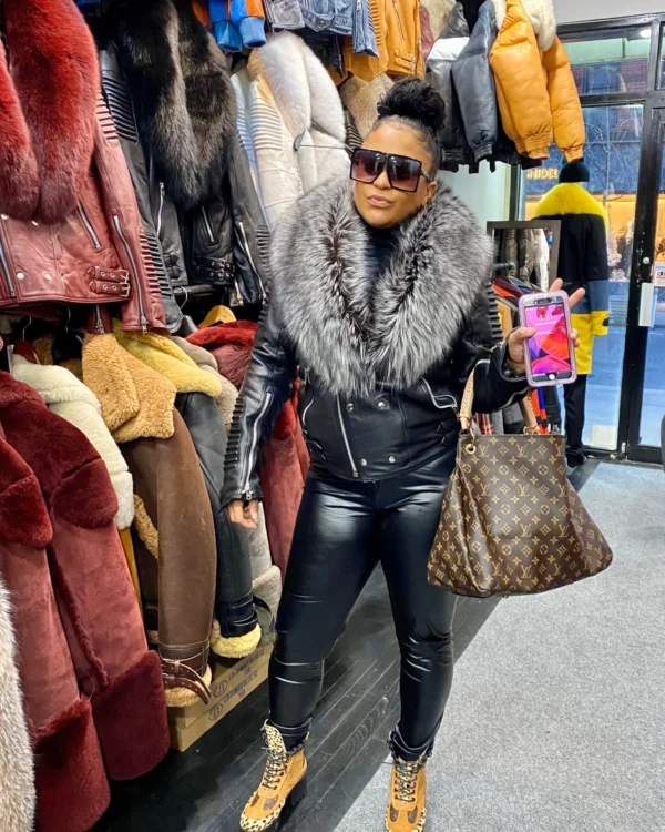 Women's DaRucci Leather Black Biker Ribbles with Silver Fox Fur